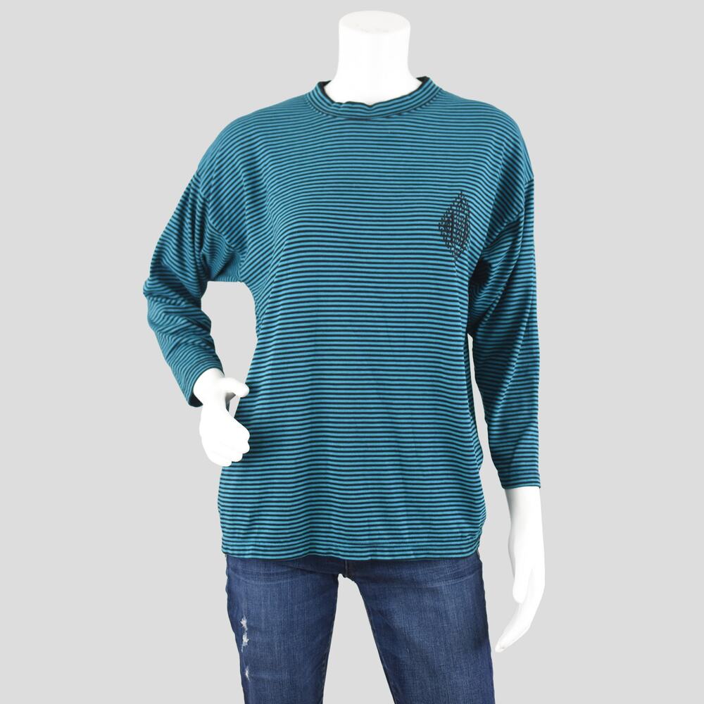 Vintage 80s Mockneck Striped Knit 3/4 Sleeve Teal T-shirt, Women's Medium